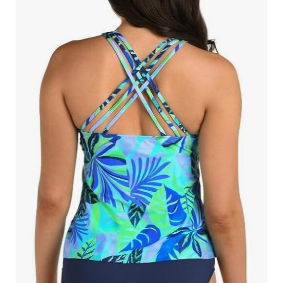 Women's Blue Tropical Leaves Crisscross Scoop Neck Sleeveless Tankini Top - Picture 2 of 6